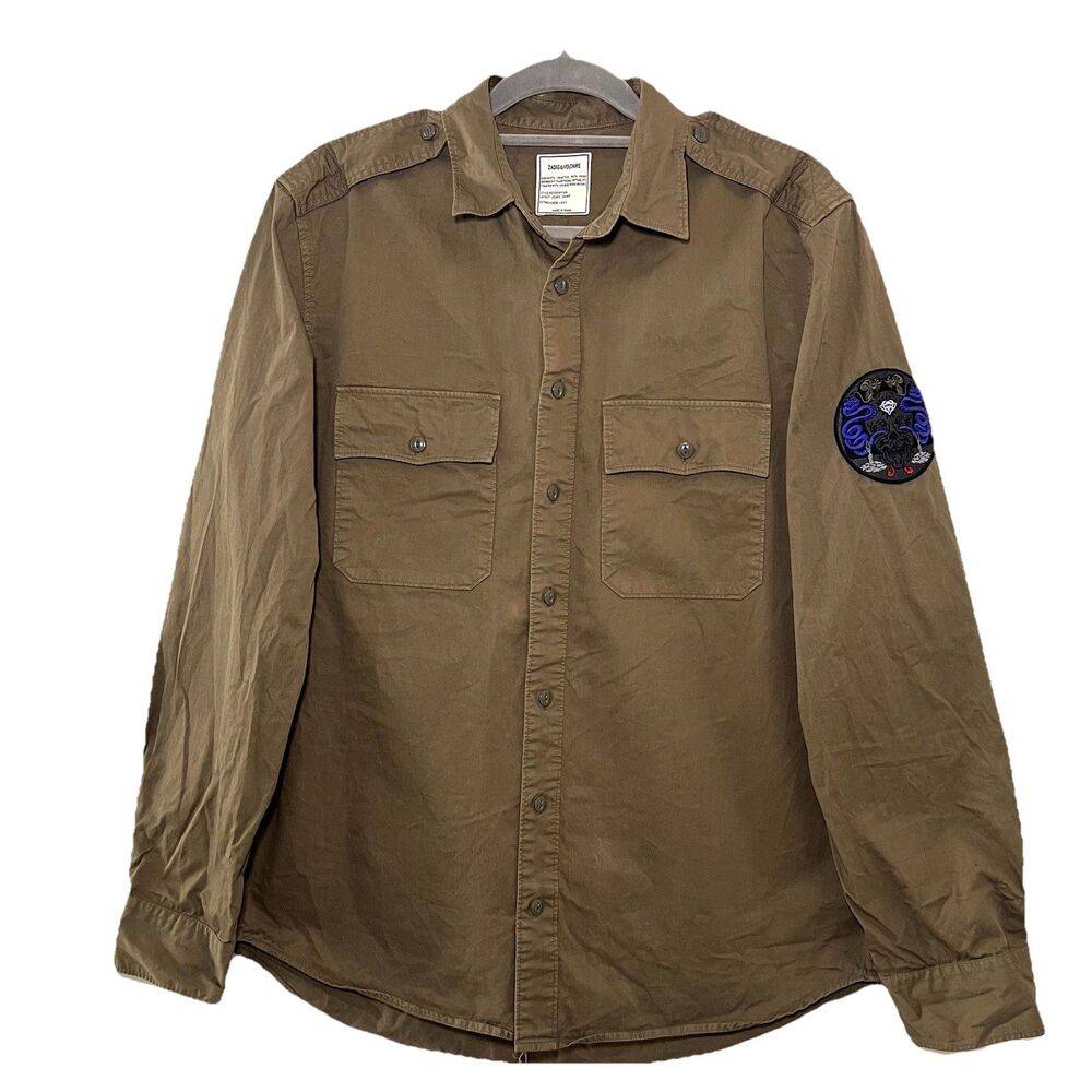 Zadig & Voltaire‎ Button Up Shirt Mens 44 Army Green Embroidered Patch Military